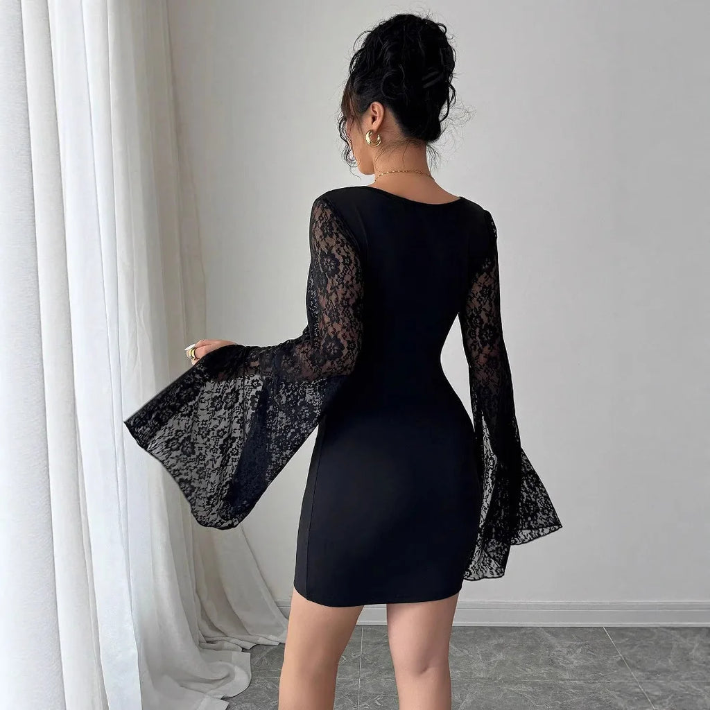 Europe, America 2025 autumn new horn sleeve split end solid color lace splicing square neck hip wrap dress