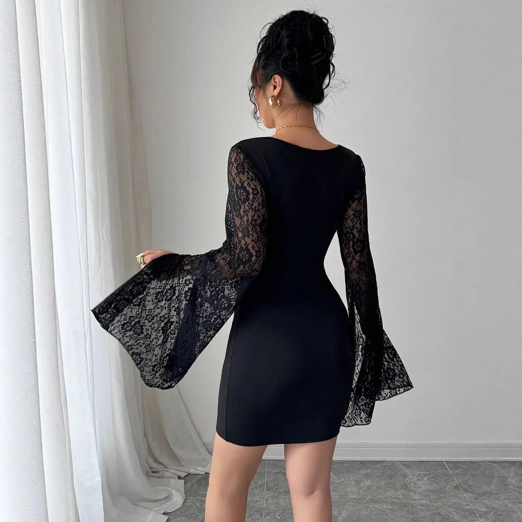 Europe, America 2025 autumn new horn sleeve split end solid color lace splicing square neck hip wrap dress