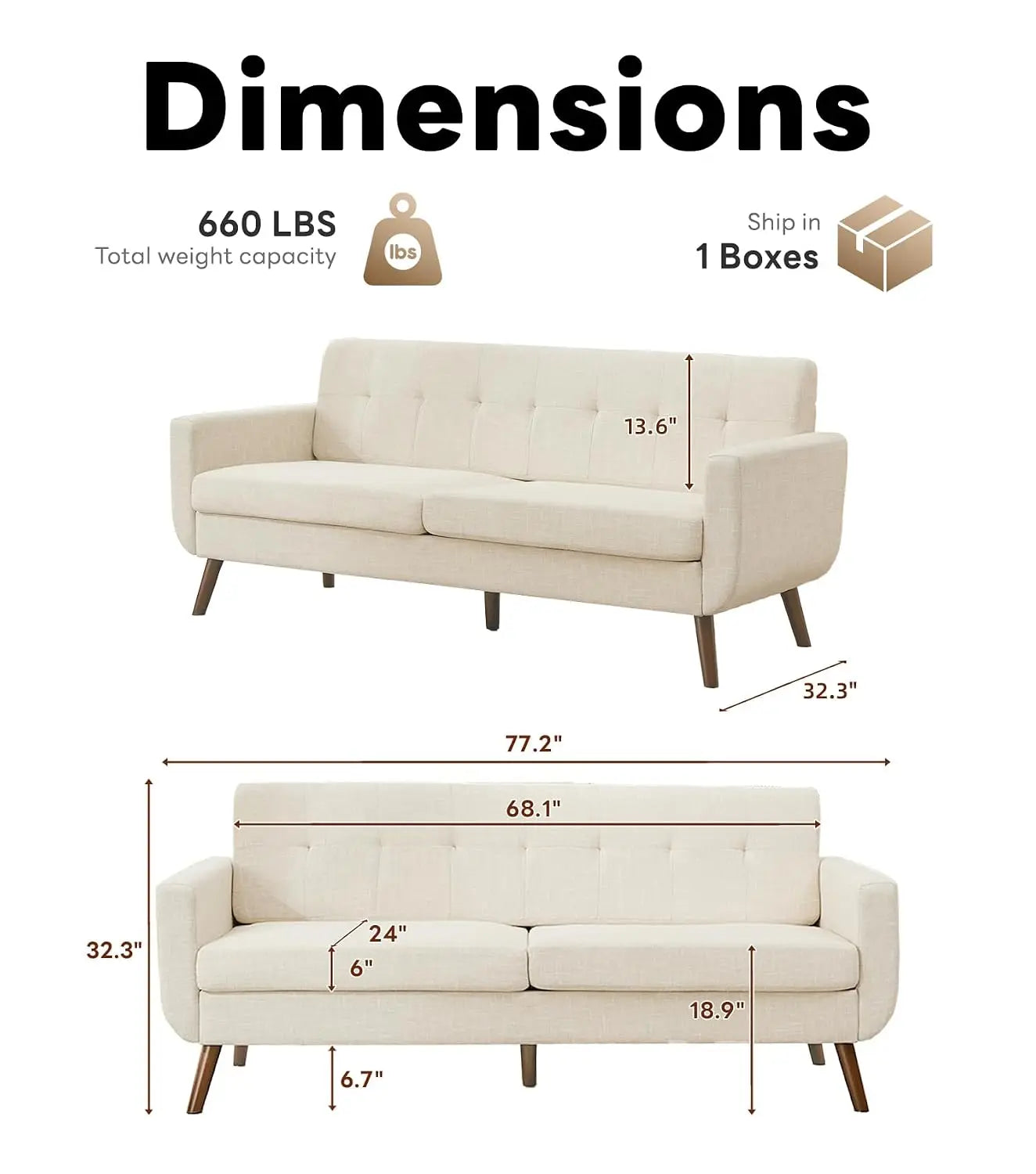 Loveseat Sofa Mid Century Modern Button Tufted Linen Upholstered Solid Wood Easy Assembly Living Room 77" Beige, Customized