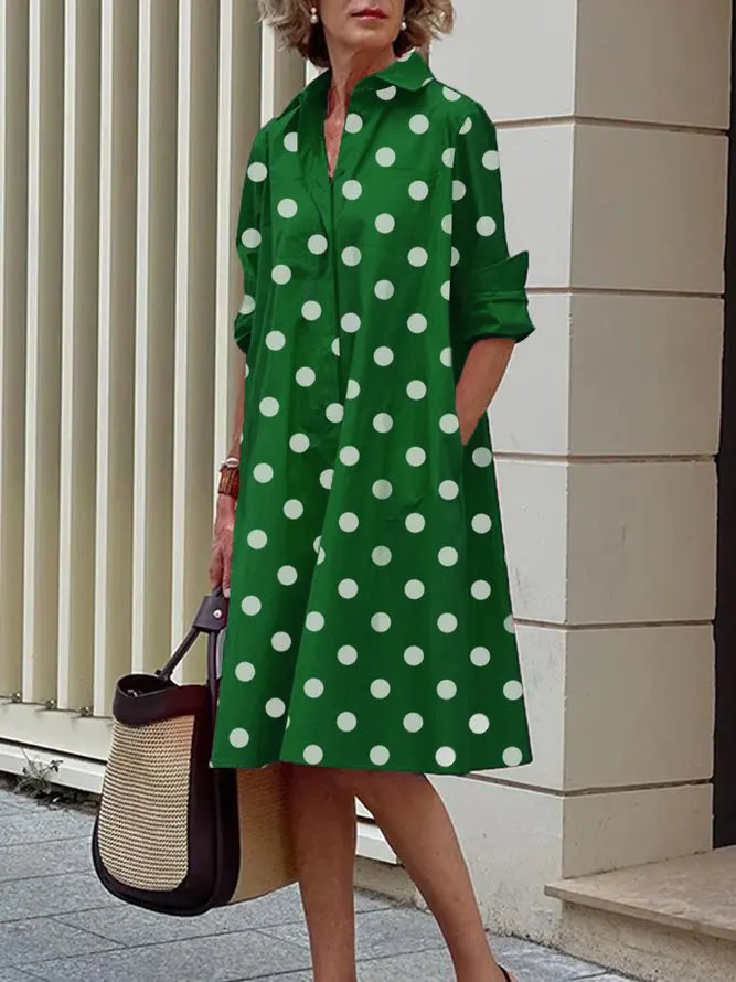 Uoozee Women's Fashion Polka Dot Lapel Shirt Dress 2026 New Spring Long Sleeves Loose Elegant Urban Casual Office Midi Dresses
