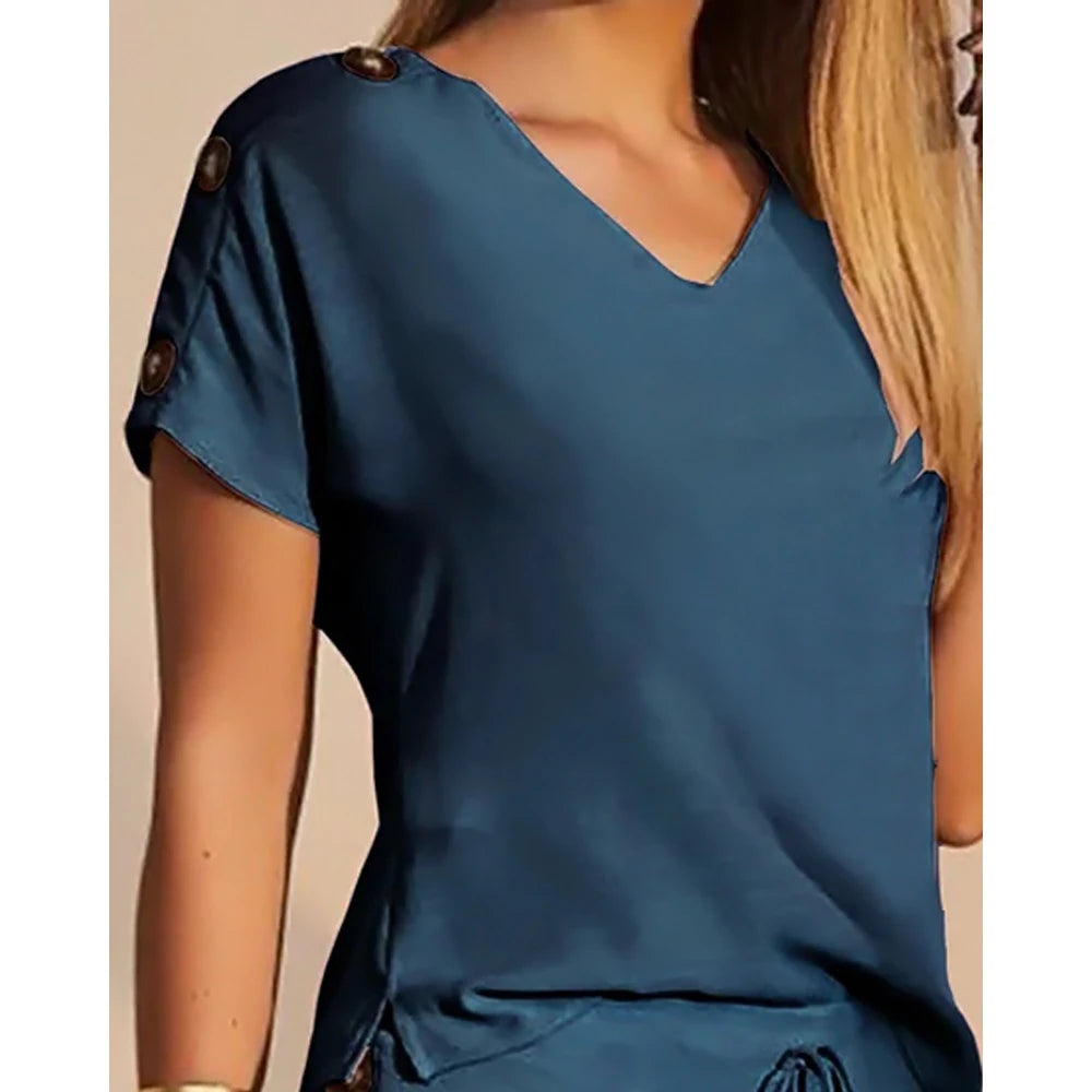 Women Buttoned Short Sleeve V-Neck Top & Drawstring Shorts Sets Women 2 Pieces Casual Two Pieces Set Summer Outfits Clothing