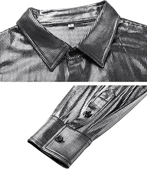 Metallic Shiny Polyester Dress Shirts for Men Black Solid Gold Red Silver Long Sleeve Turn Down Collar Prom Disco Men's Shirt