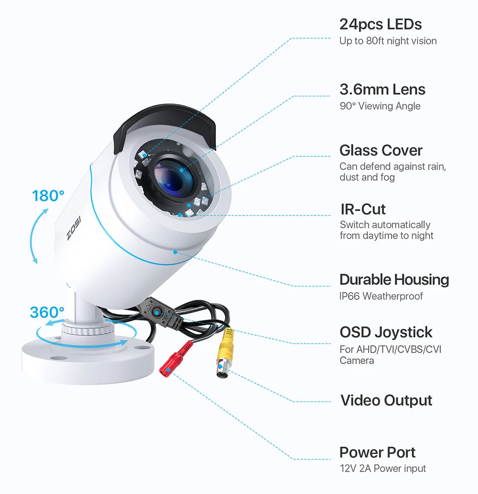 ZOSI 1080P HD TVI Bullet Security Camera Outdoor with 80ft IR Night Vision Motion Detection 2MP HD CCTV Surveillance White 2Pack/4Pack