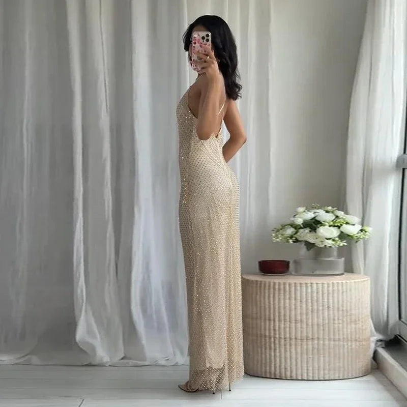 Stylish Rhinestones Dresses Elegant Women Sleeveless Backless Glitter Hip Package Dress 2025 New Crystal Lady Evening Party Robe