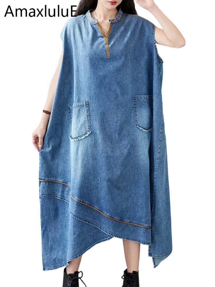 Amax LuluE Korean Summer Long Clothes Womens Fashion Loose Denim Dresses Ladies Classic Casual Big Size Elegant V Neck Vestidos