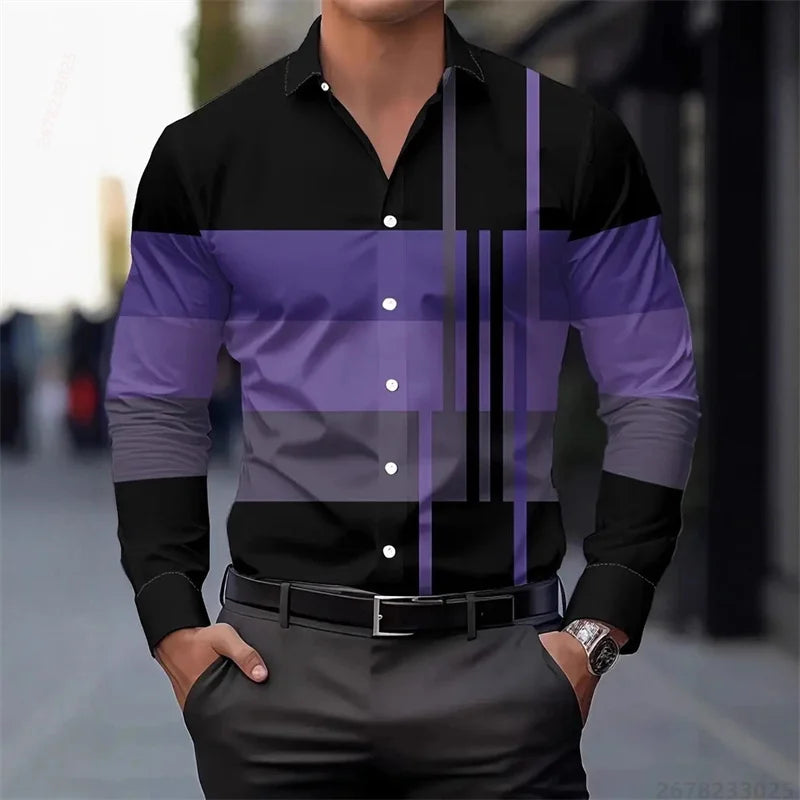 Men's color-blocked striped patchwork long-sleeved shirt, unique geometric pattern slim fit shirt, stylish men's top, XS-6XL.