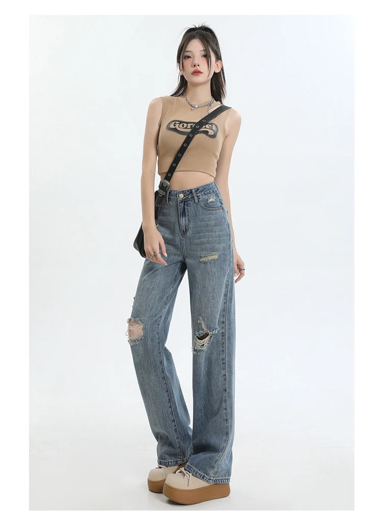 New Ripped Casual Loose Women Jeans High Waist Blue Korean Straight Pants Female Chicly Fashion Street Slim Woman Jeans