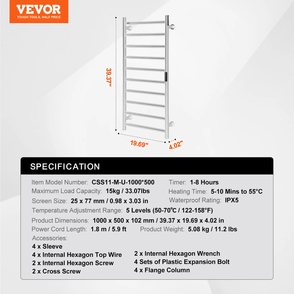 SucceBuy 4/6/8/10 Bars Towel Warmer Rack Wall Mounted Heated Towel for Bathroom IPX5 Waterpoof 5 Levels Temperature Towel Heater