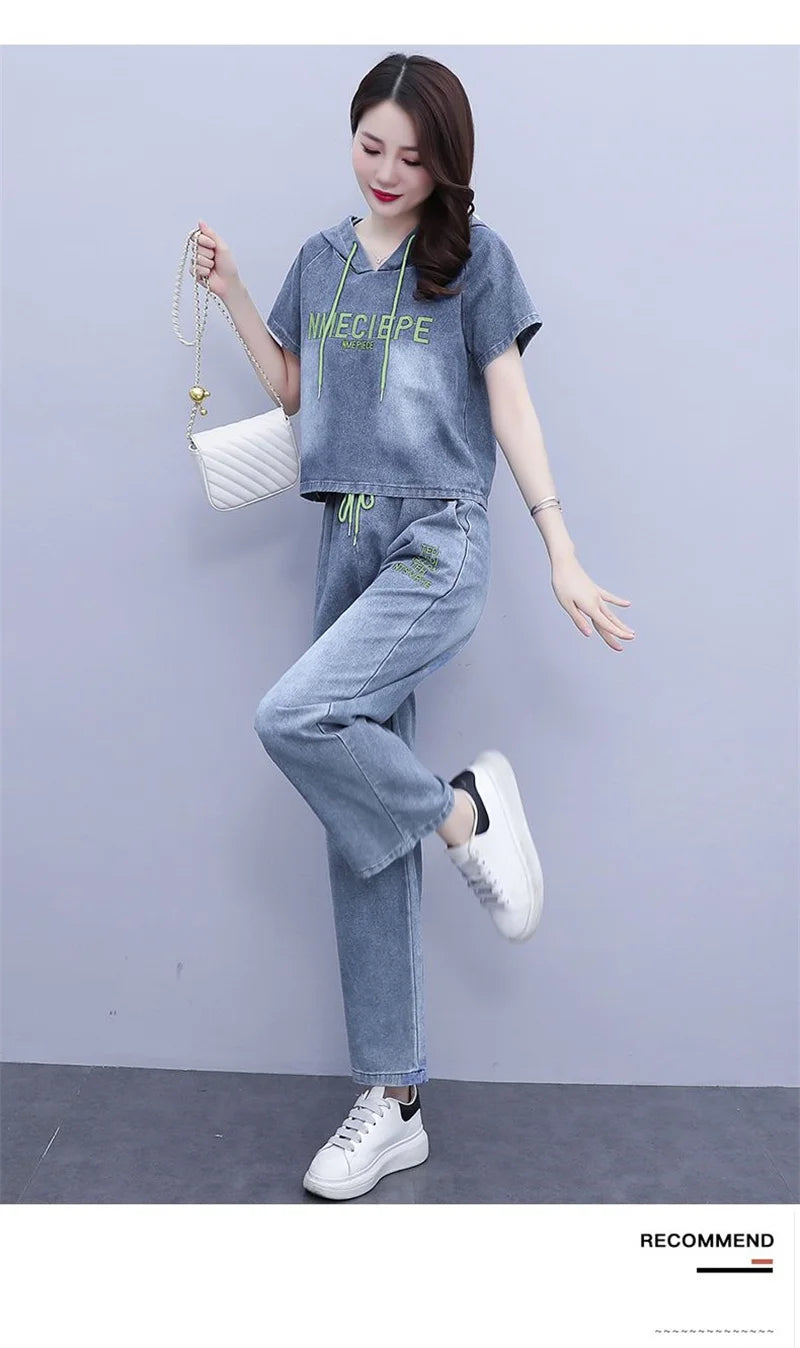 Summer Thin Jeans Set Women Fashion Short Sleeve Hooded Pullover Tops + Elastic Waist Wide Leg Pants 2PCS Female Denim Outfit