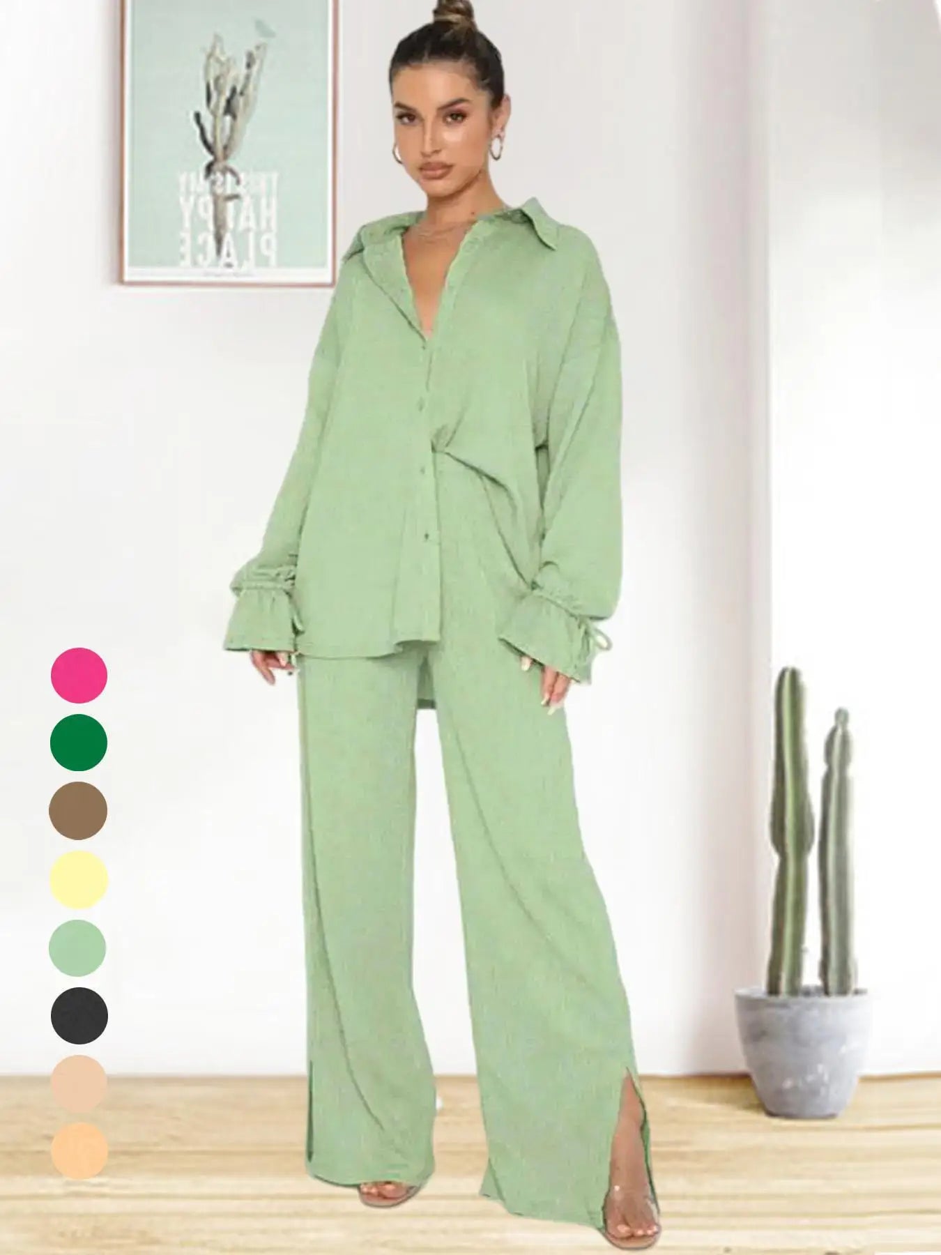 2026 SPRING SUMMER WOMEN'S SOLID COLOR TWO-PIECE SET, RUFFLE SLEEVE SHIRT MATCHED WITH SLIT PANTS, COMFY OUTFIT FOR DAILY CASUAL