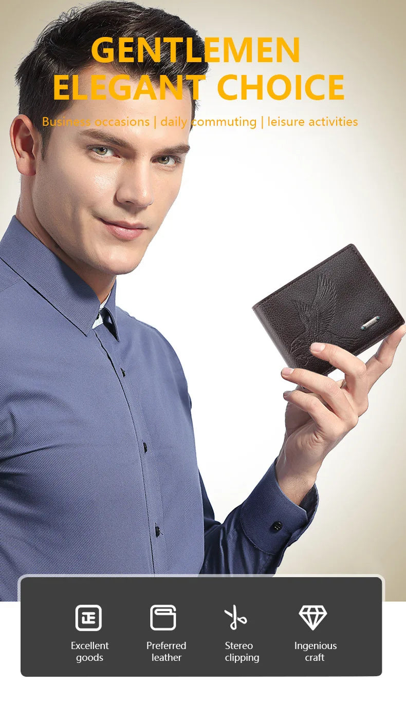 Classic Men's Leather Wallets Slim Minimalist Hawk Pattern Bifold Credit ID Card Holder Wallet Purse Short Thin Money Clip