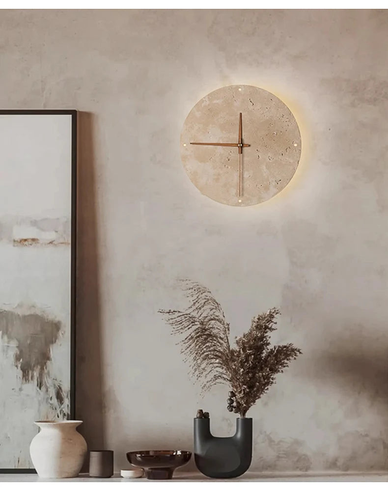 Modern Creative Clock Living Room Wabi Sabi Wall Lamp Nordic Simple Yellow Travertine Restaurant Corridor Circular Sconce Light