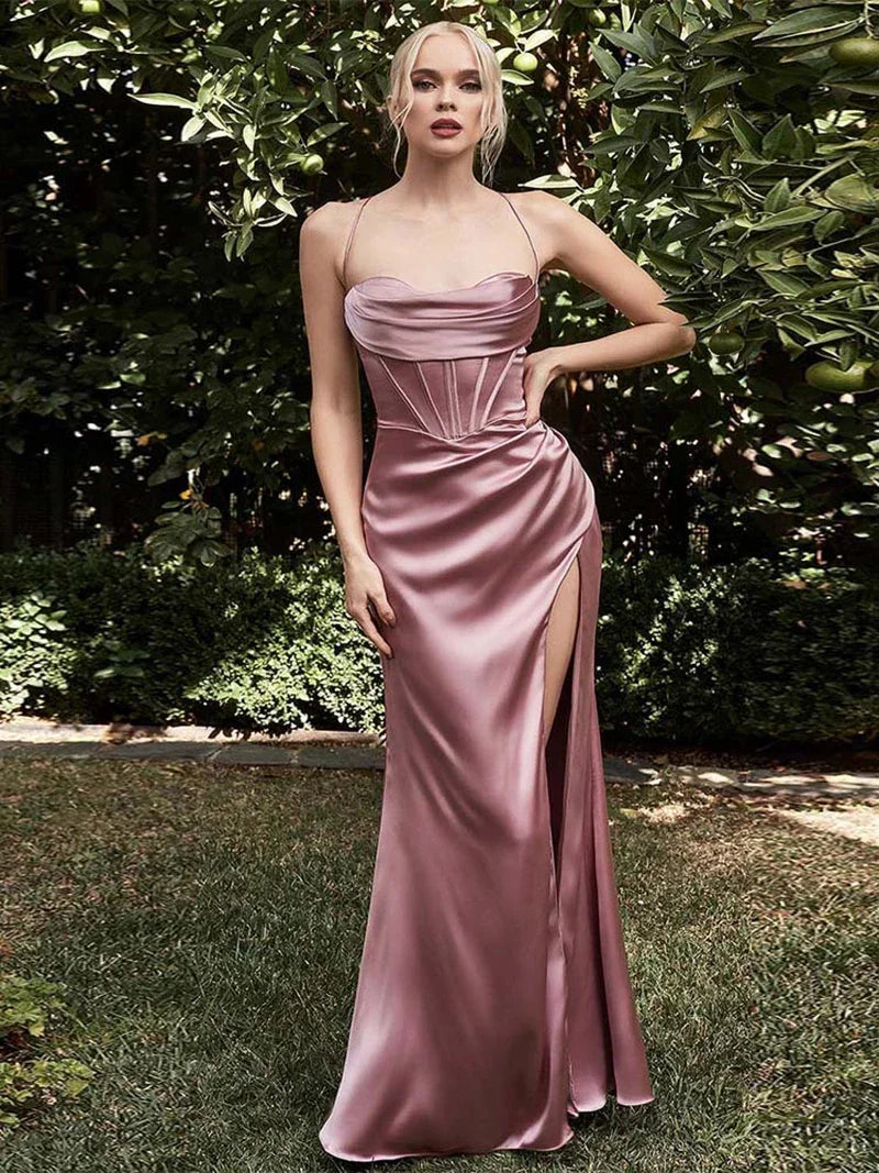 Red Sexy Backless Party Dresses for Woman Satin Long Dress Elegant Evening Birthday Maxi Dress Wholesale Item for Business