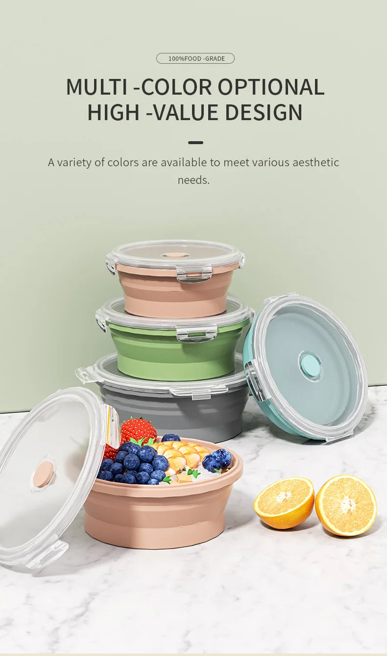 1PCS Food grade round portable foldable silicone lunch box refrigerator microwave oven lunch box storage box outdoor lunch box