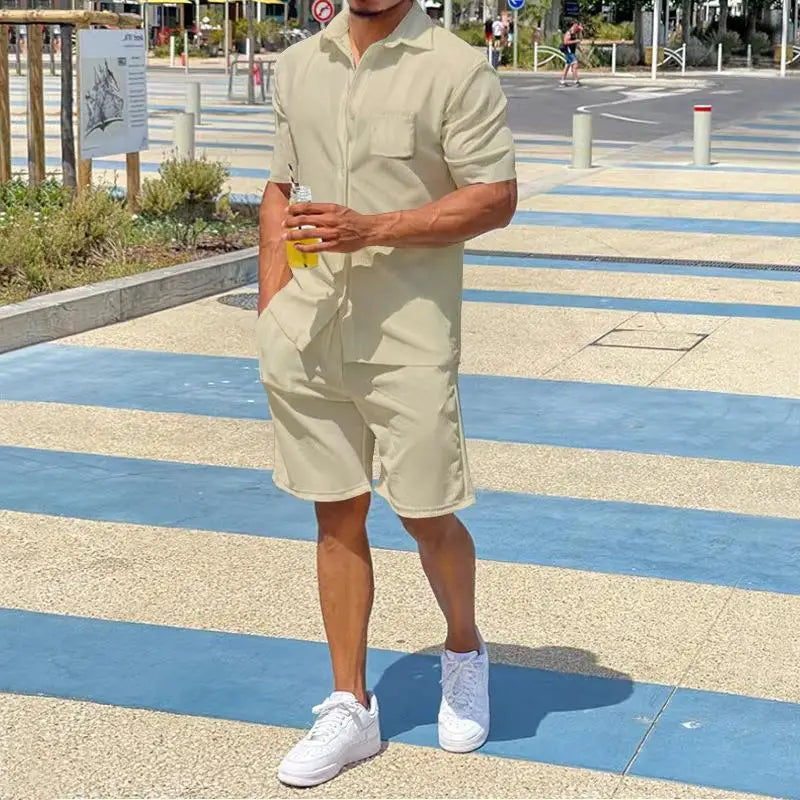 2026 Men's Summer Solid Casual Sets Comfy Cotton Linen Short Sleeve Lapel Shirt and Shorts Two Piece Sets Men Loose Sport Outfit