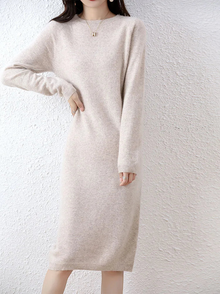Cashmere Sweater Knitted Dresses 100% Merino Wool Women's Winter Female Elegant Pullovers Dress Autumn Casual Long Sleeve Skirts