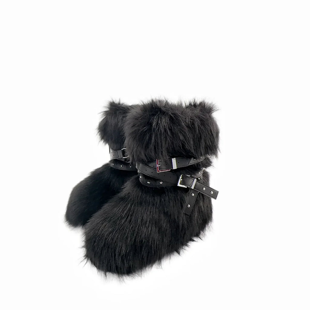 Winter Fur New Design Onepiece Raccoon FurFemale Snow Boots Fur shoes OutdoorMid Leg Boots y2k Cool Pink Girl