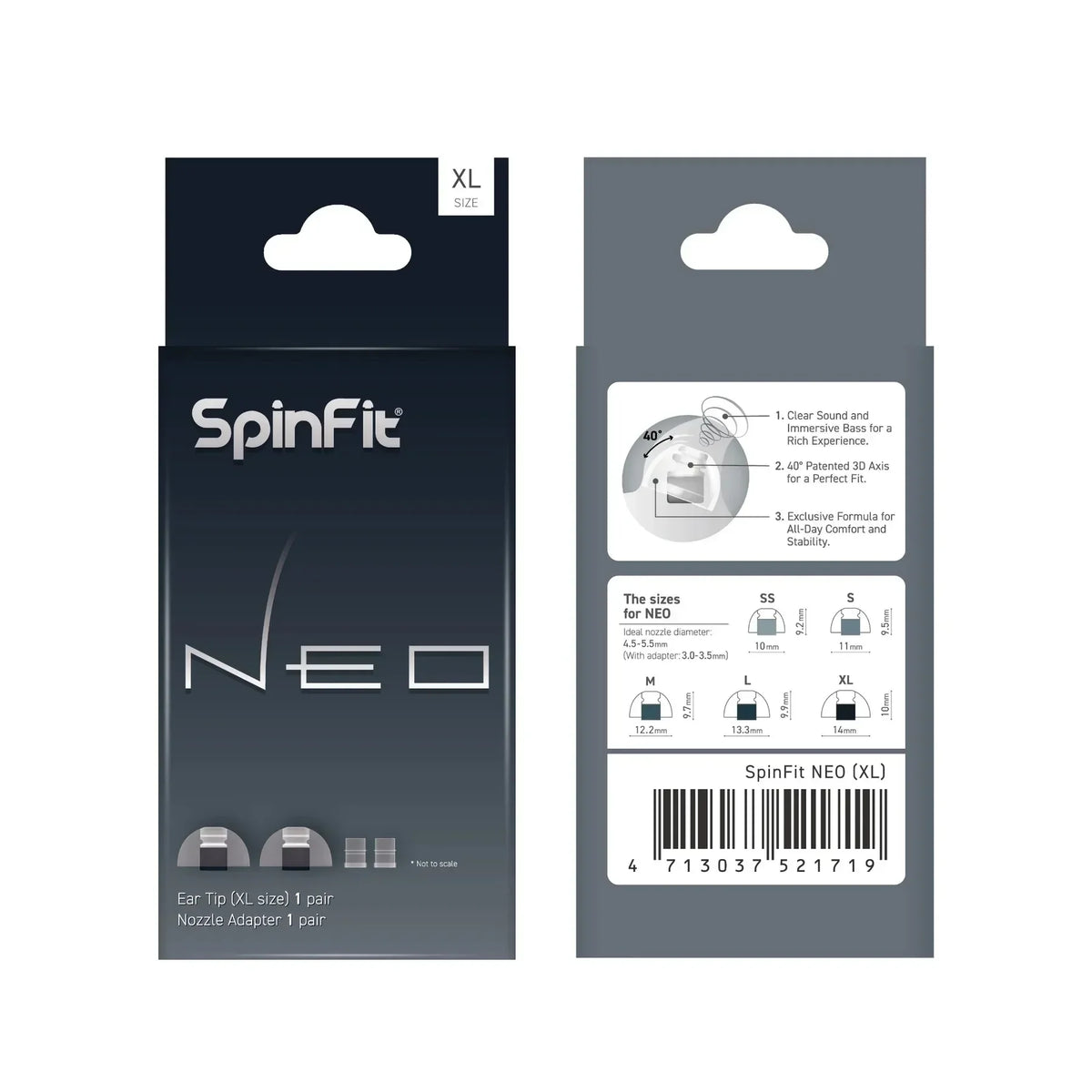 SpinFit NEO for IEM Silicone Patented Eartips Secure Fit Comfort Reduce Allergic Reaction with Adapters for Slim Nozzles 1 pair