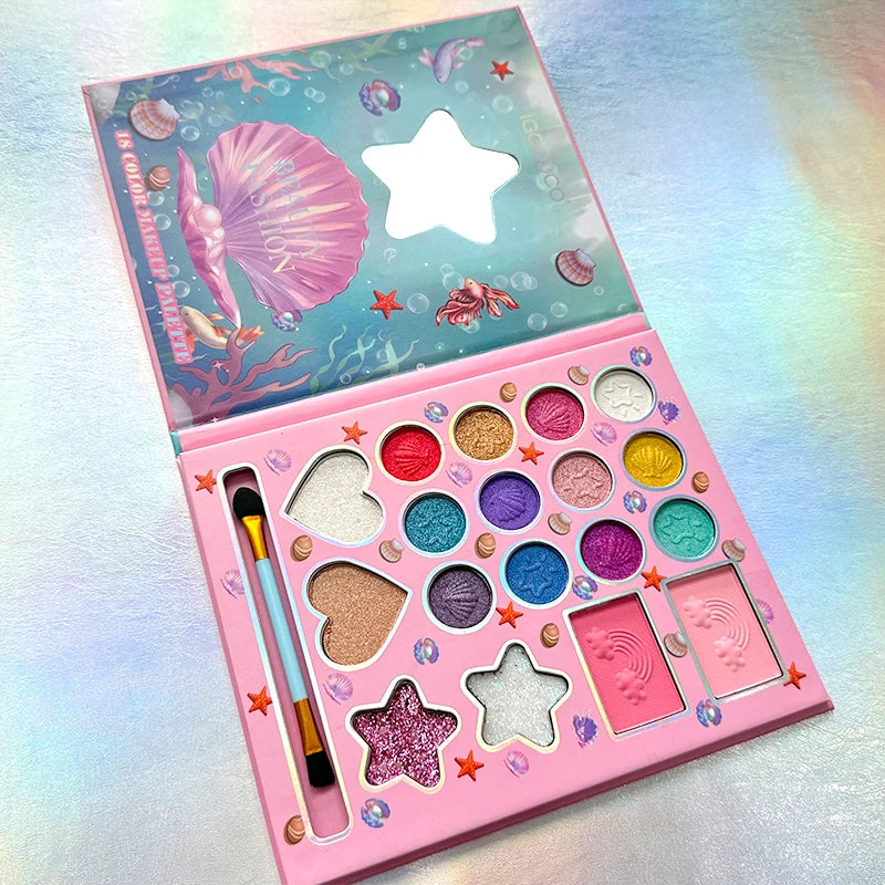 18-color children's makeup set, pearlescent matte and glitter effects, easy-to-apply makeup palette, birthday Christmas gift