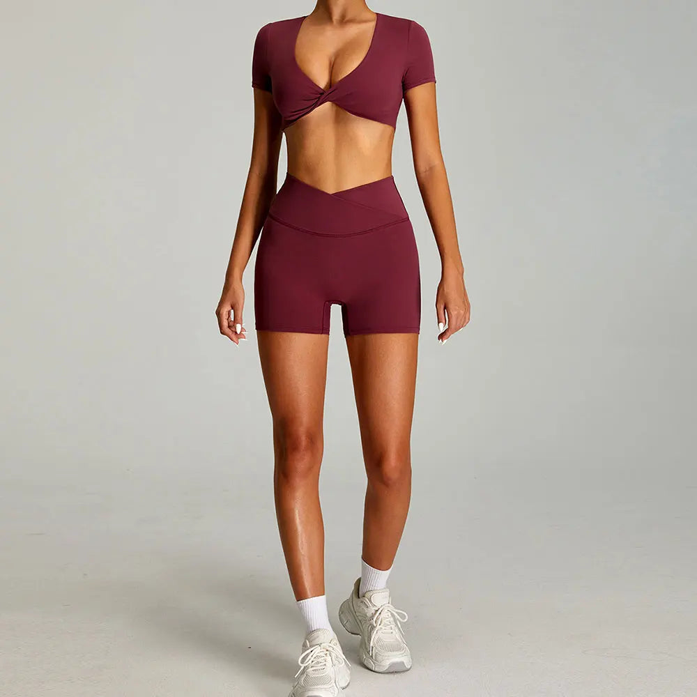 mikeyoga Women Yoga Suit 2PCS Sports Set Quick-Drying Gym Set Women Tracksuit Running Workout Short Sleeves Sports Yoga Clothing