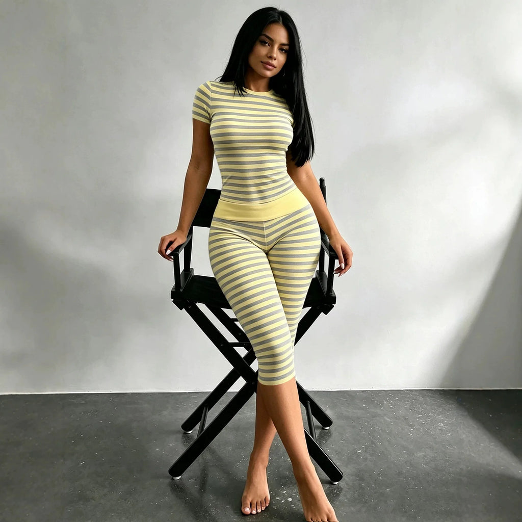 Stylish Lady Striped Two Piece Set Women Short Sleeve Top And Capri Leggings Bodycon Casual Home Workout Loungewear Fitness Suit
