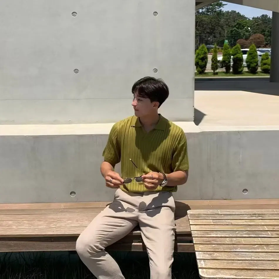 Trendy Polo Shirt for Men Summer Solid Color Top Versatile Knit Style Korean Short Sleeves Casual Fashion T-shirt