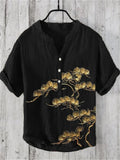 2024 New Men's Shirt Japanese Vintage Art Print Linen Short Sleeved Shirt Hawaiian Style Button Henry Neck Shirt