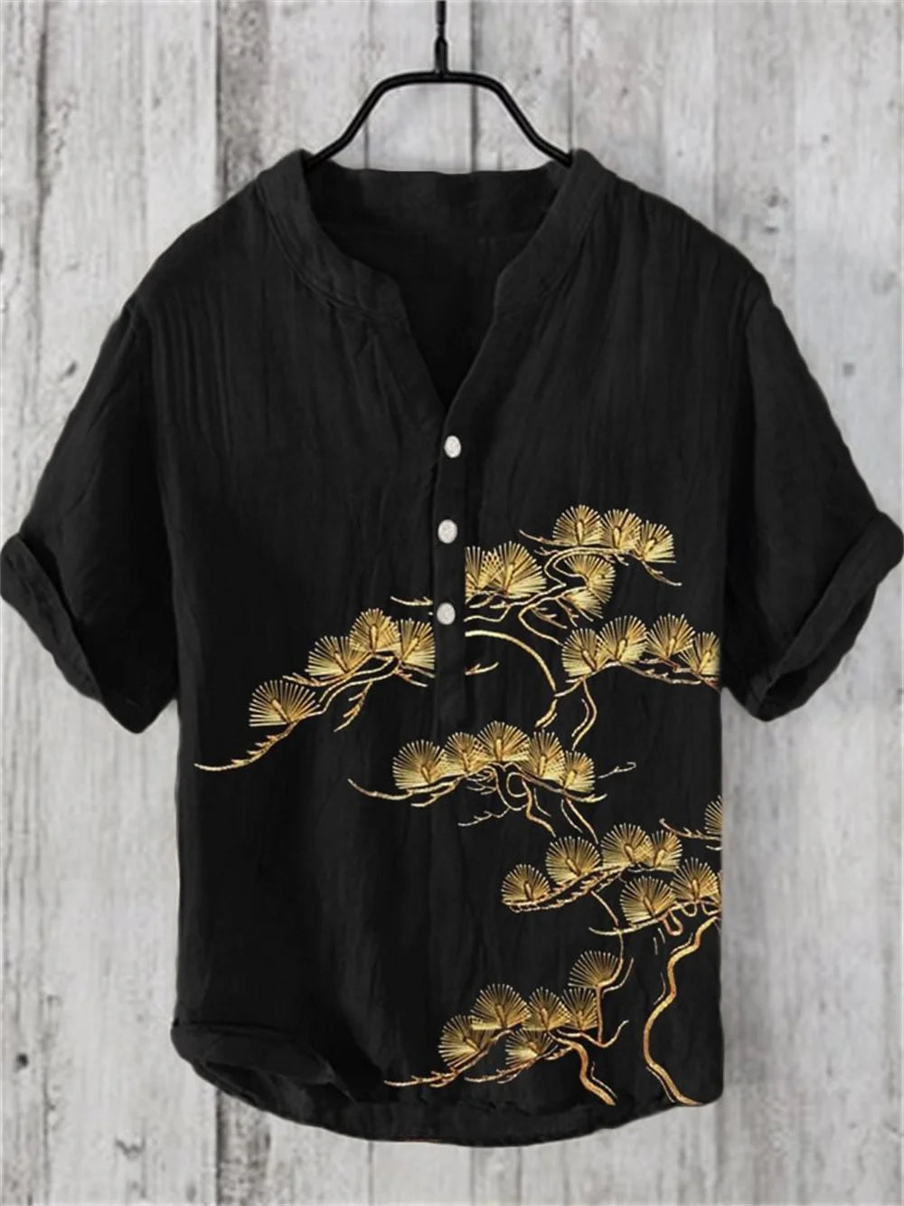 2024 New Men's Shirt Japanese Vintage Art Print Linen Short Sleeved Shirt Hawaiian Style Button Henry Neck Shirt