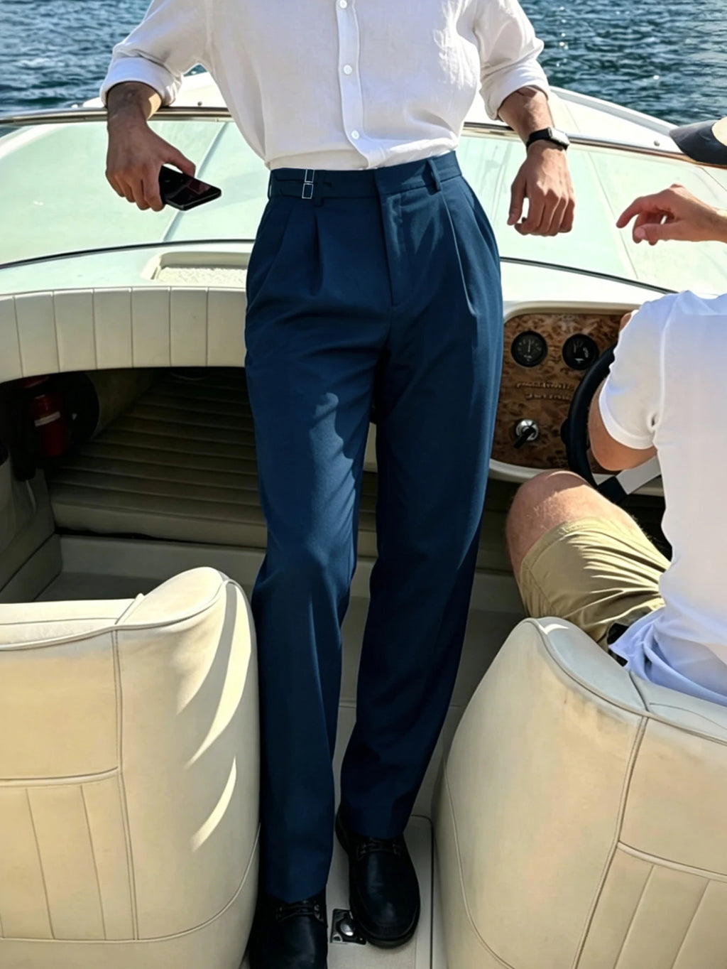 Men’s Solid Color Button Detail Naples Pleated High Waist Wide Leg Suit Pants, New Spring Autumn Elegant Light Business Trousers
