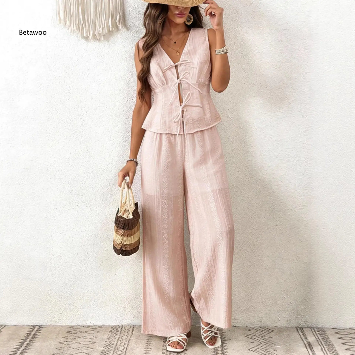 Women Multi Color Eyelet Lace 2 Piece Outfit Sleeveless V Neck Tie Front Crop Top Wide Leg Pants Summer Casual Set