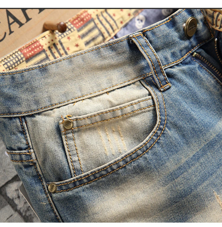 Distressed Ripped Jeans Men's Retro Blue Fashion Slim Motorcycle Trousers Male Hip-hop Street Male Hole Denim Pants