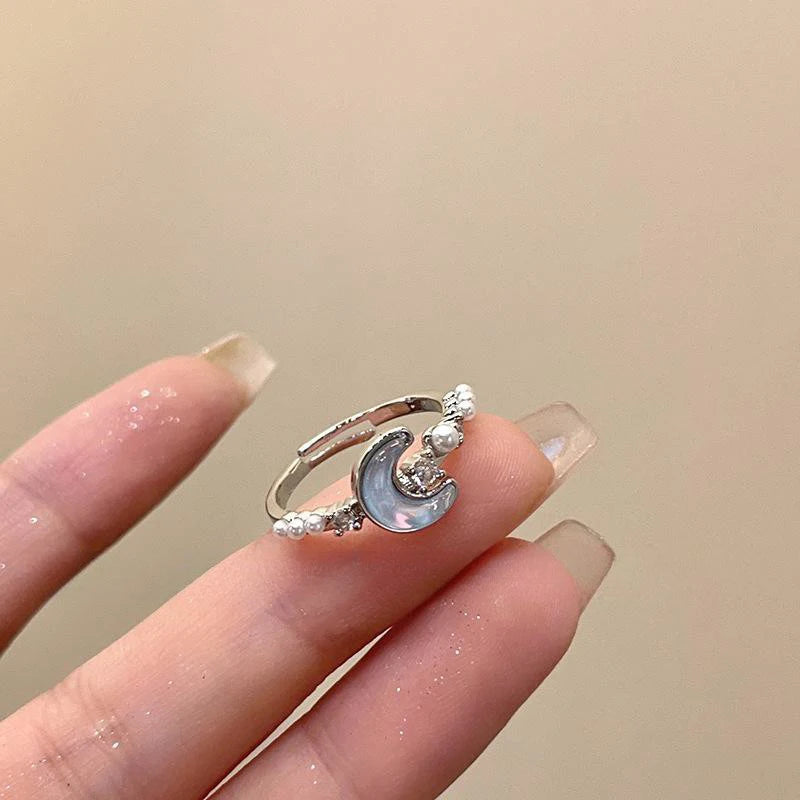 New Blue Planet Star Moon Rings for Women Zircon Rhinestone Pearl Open Finger Rings Sweet Party Y2K Jewelry 2000S Girls Gifts