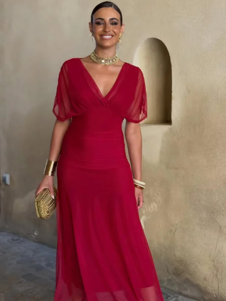 Women Solid Deep V-neck Mesh Long Dress Elegant Puff Short Sleeve Ruched Waist High Vestidos 2026 Summer Lady Casual Street Robe