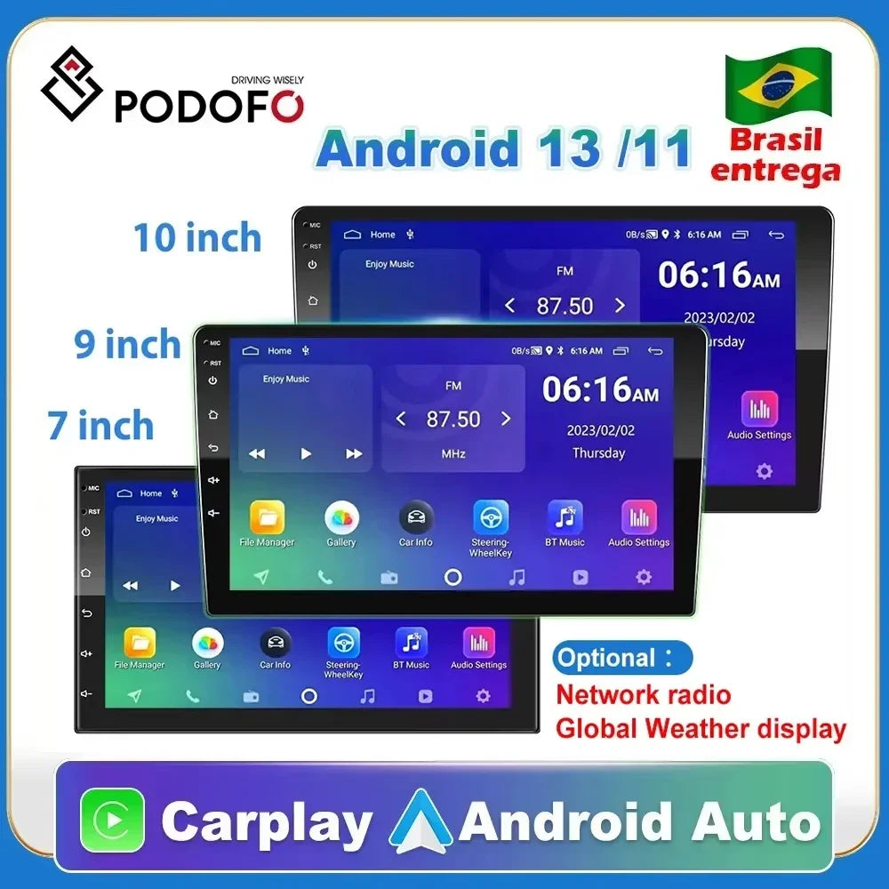 Podofo Android 12 Car Radio Androidauto Carplay 2 Din GPS Car Audio 7"/9"/10" WIFI BT Automotive Multimedia Player For VW Ford