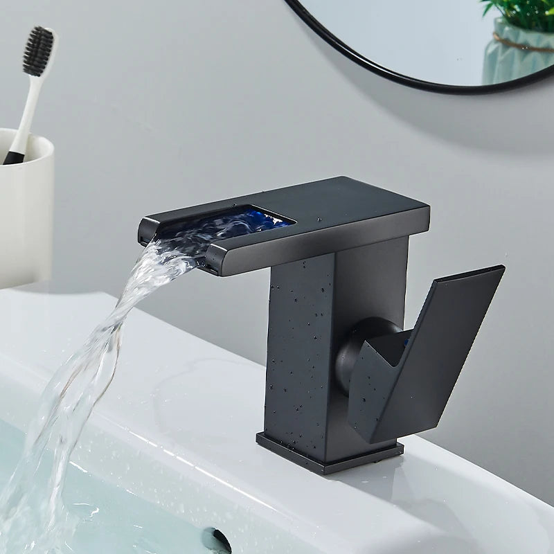 LED Black Basin Faucet Tall And Short Tap Bathroom Single Handle Cold and Hot Water Flow Produces Electricity