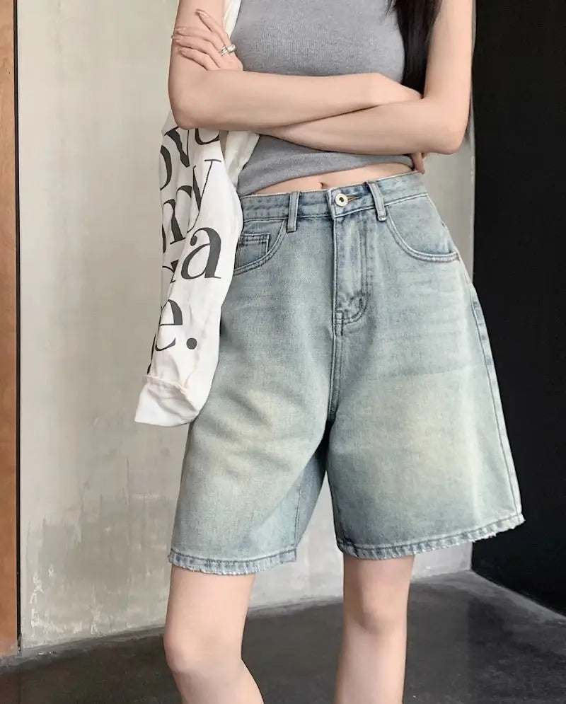 Denim Shorts Vintage High Waist Loose Fit Distressed Design Ins Style Sweet Spicy Girls All-match Casual Summer Streetwear Y2k