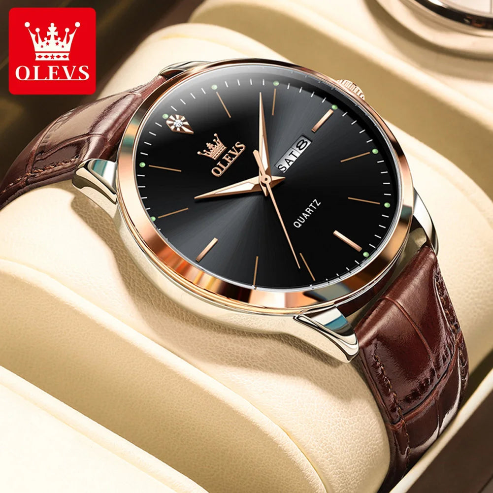 OLEVS 2935 Business Casual Men's Watch Waterproof Leather Strap Luxury Brand Date Week Temperament Trend Quartz Men's Watch
