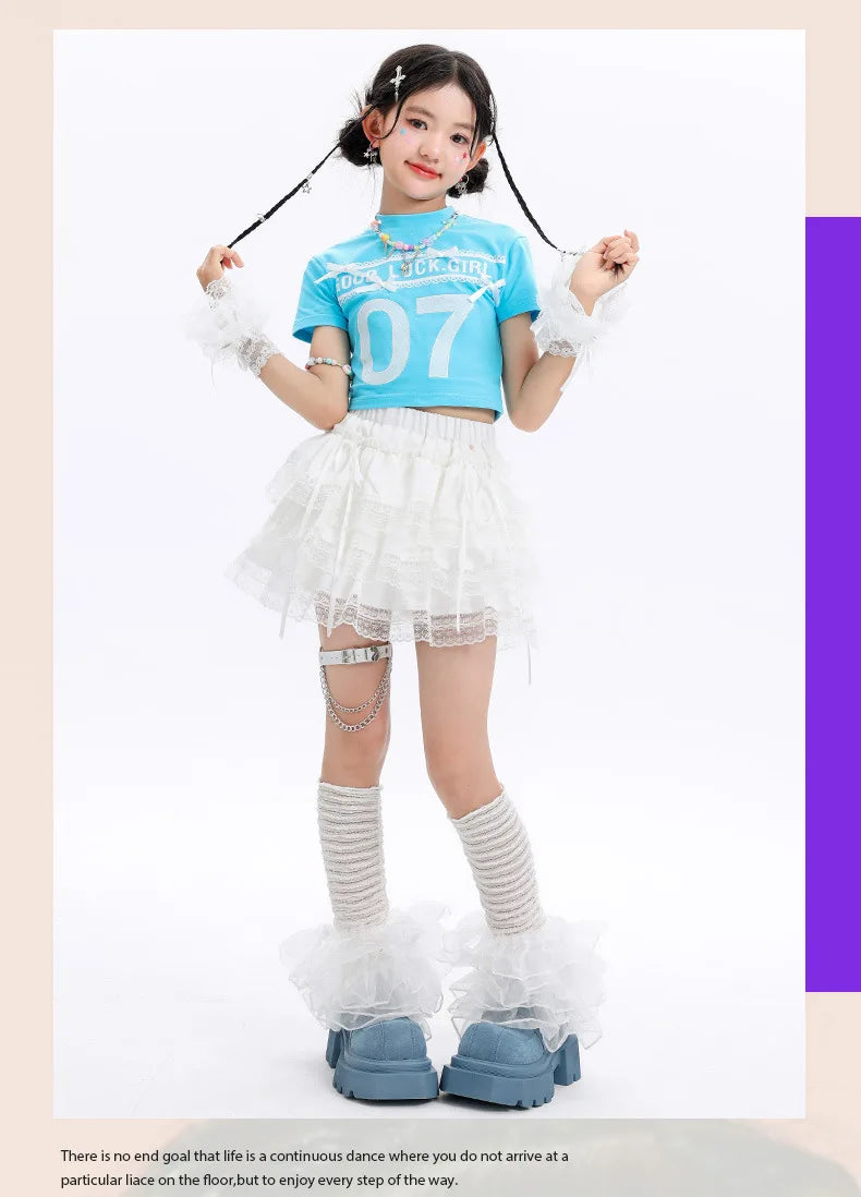 Kid Cute Hip Hop Clothing BLue Crop T Shirt Sleeves White Layered Lace Pleated Mini Skirt for Girls Jazz Dance Costume Clothes
