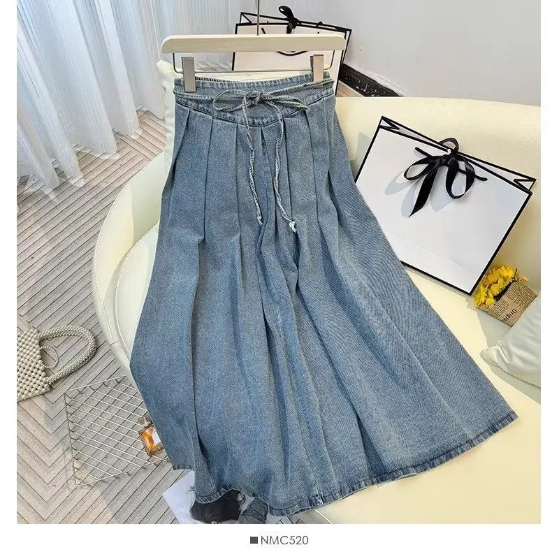 Denim Skirts Women Mid Length Skirt A Line High Waist Slim Fit Pleated Casual Elegant Splice Y2k Streetwear Work 2026 Spring