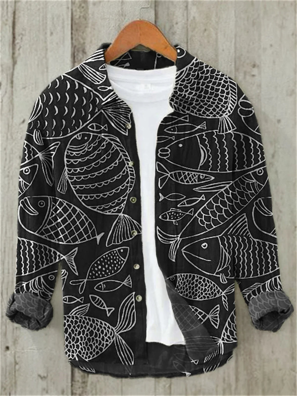 Men's casual versatile fashion street men's shirt lapel single-breasted long-sleeved men's wave long-sleeved shirt