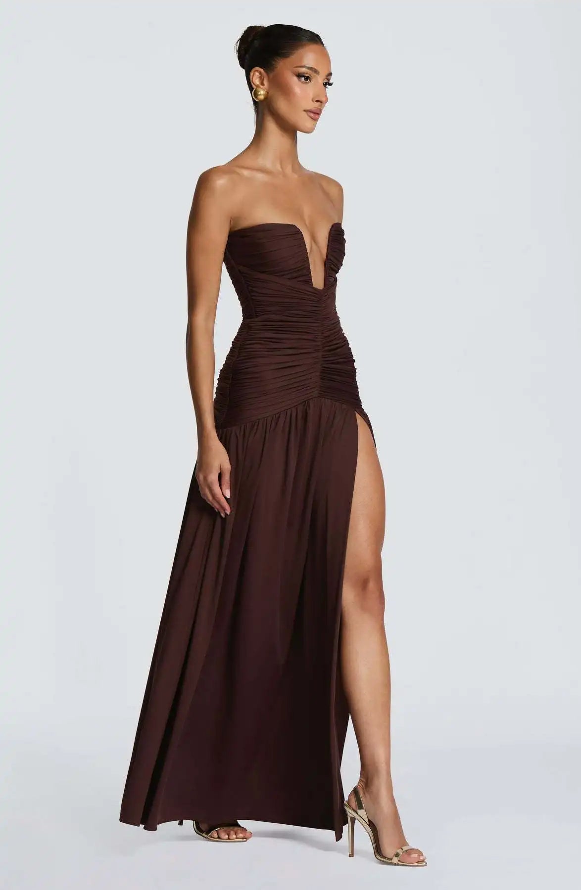 Elegant Lady Solid Maxi Dress Sleeveless Off Shoulder Deep V-neck High Split Pleated Satin Gown 2026 Women New Dinner Party Wear