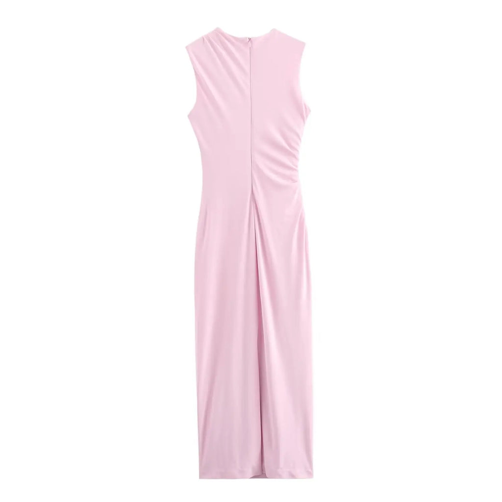 BSAY Women Fashion Summer New White Pleated Back Zip Sleeveless Crewneck Vest Long Dress Chic Female Elegant Evening
