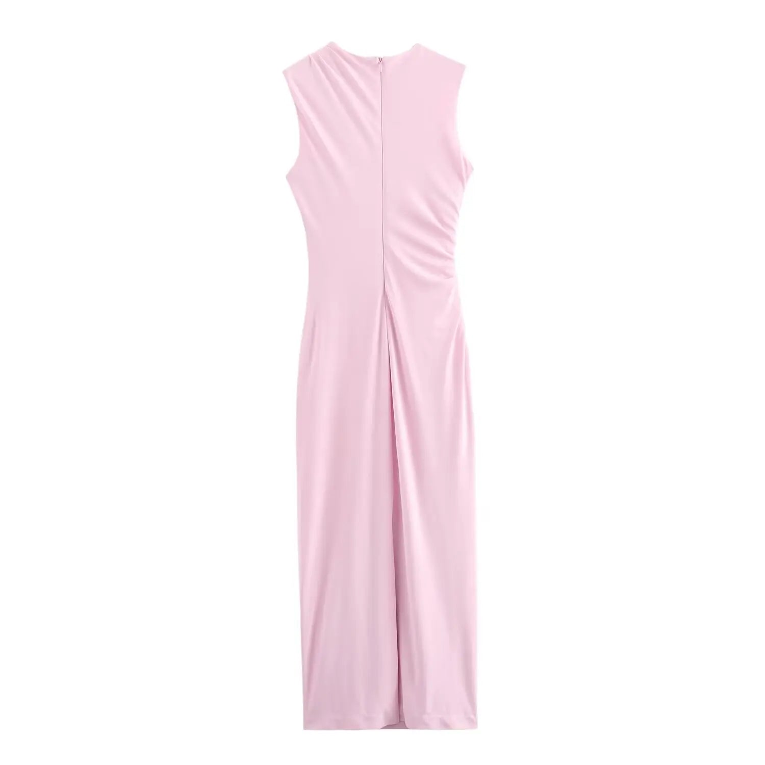 BSAY Women Fashion Summer New White Pleated Back Zip Sleeveless Crewneck Vest Long Dress Chic Female Elegant Evening