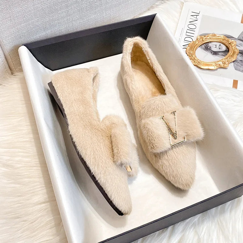 Flats Shoes for Women 2024 New Autumn Pointed Flat Mink Fur Winter Shoes Velvet Women's Loafers Ladies Shoes Plus Size 41 42 43