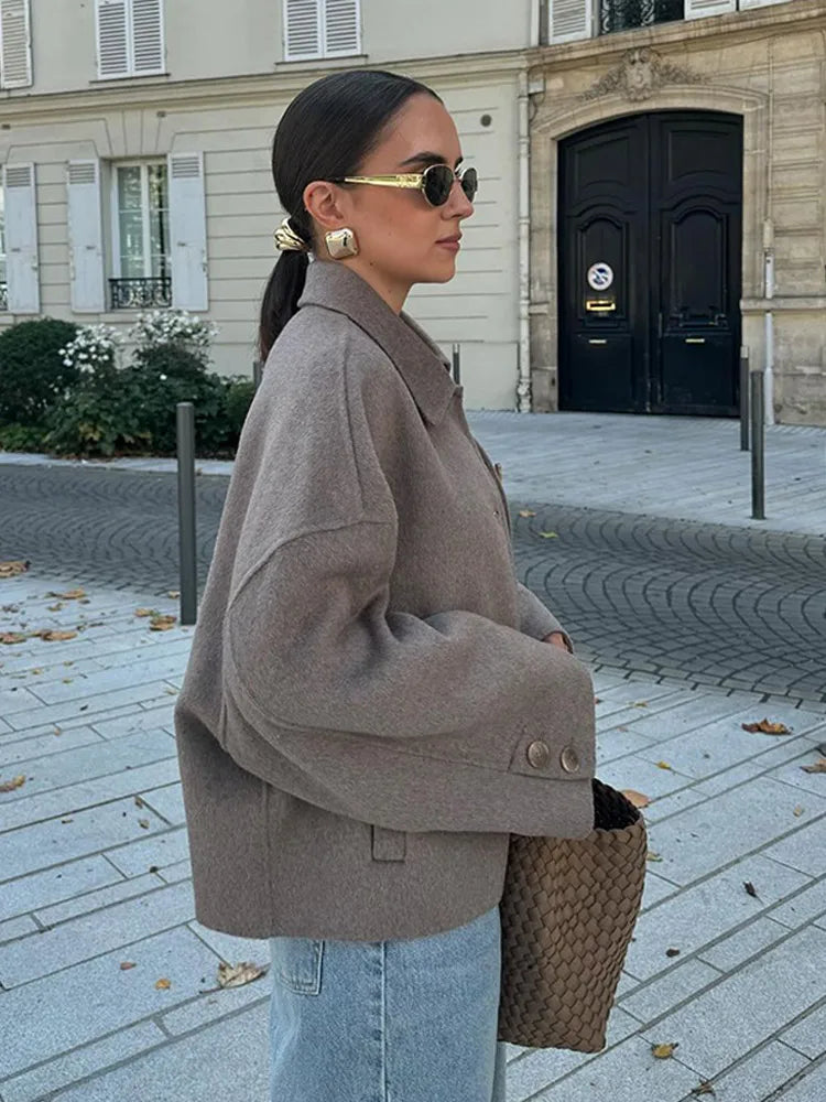 Solid Lapel Full Sleeve Coat  Elegant Single Breasted Pockets Short Loose Outwear For Women 2026 New Casual High Street Overcoat