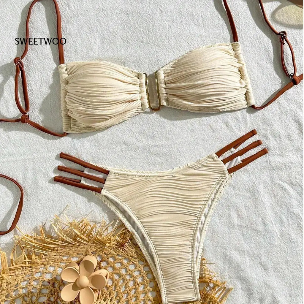 Color Block Ruched Bikini Swimsuit Thin Shoulder Straps Square Metal Ring Bikini Top Multi Strap Brief Fashion Bathing Suit