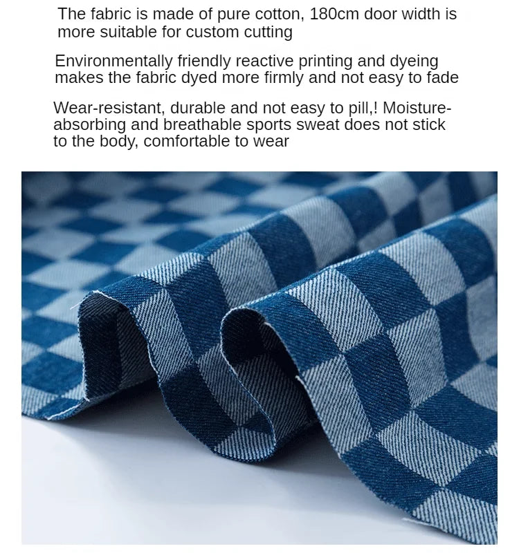 100% Cotton Jacquard Denim Fabric Plaid Jeans By The Meter for Dress Shirt Designer Clothing Sewing Washed Thickened Cloth Blue