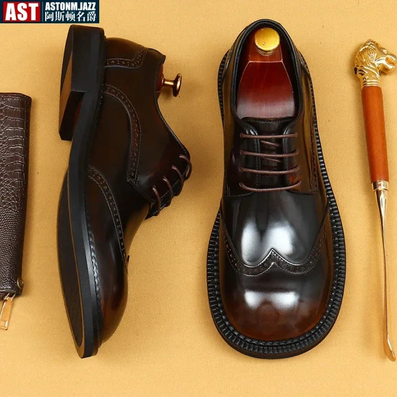 Retro Mens Dress Brogues Shoes Luxury Genuine Leather Round Toe Handmade Fashion Flat Autumn Black Wedding Social Shoes Man 2025