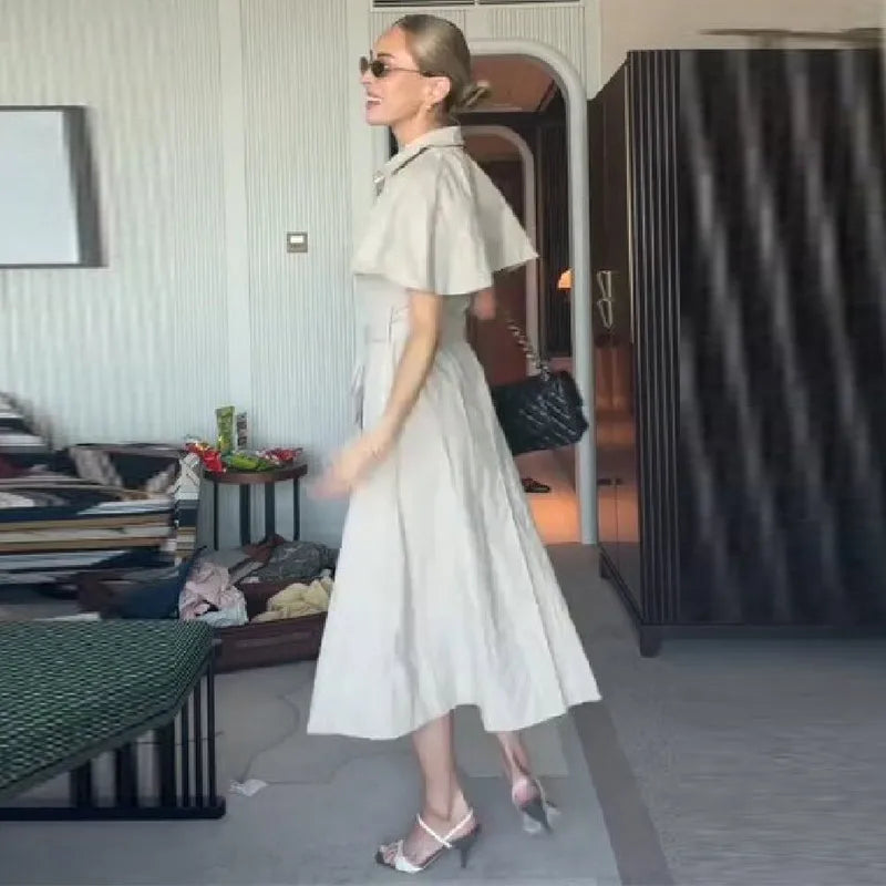 Women Trench Style Shirt Dress Solid Color Cape Sleeve Waist Belt Button Down Midi Skirt Casual Chic Daily Office Outfit New