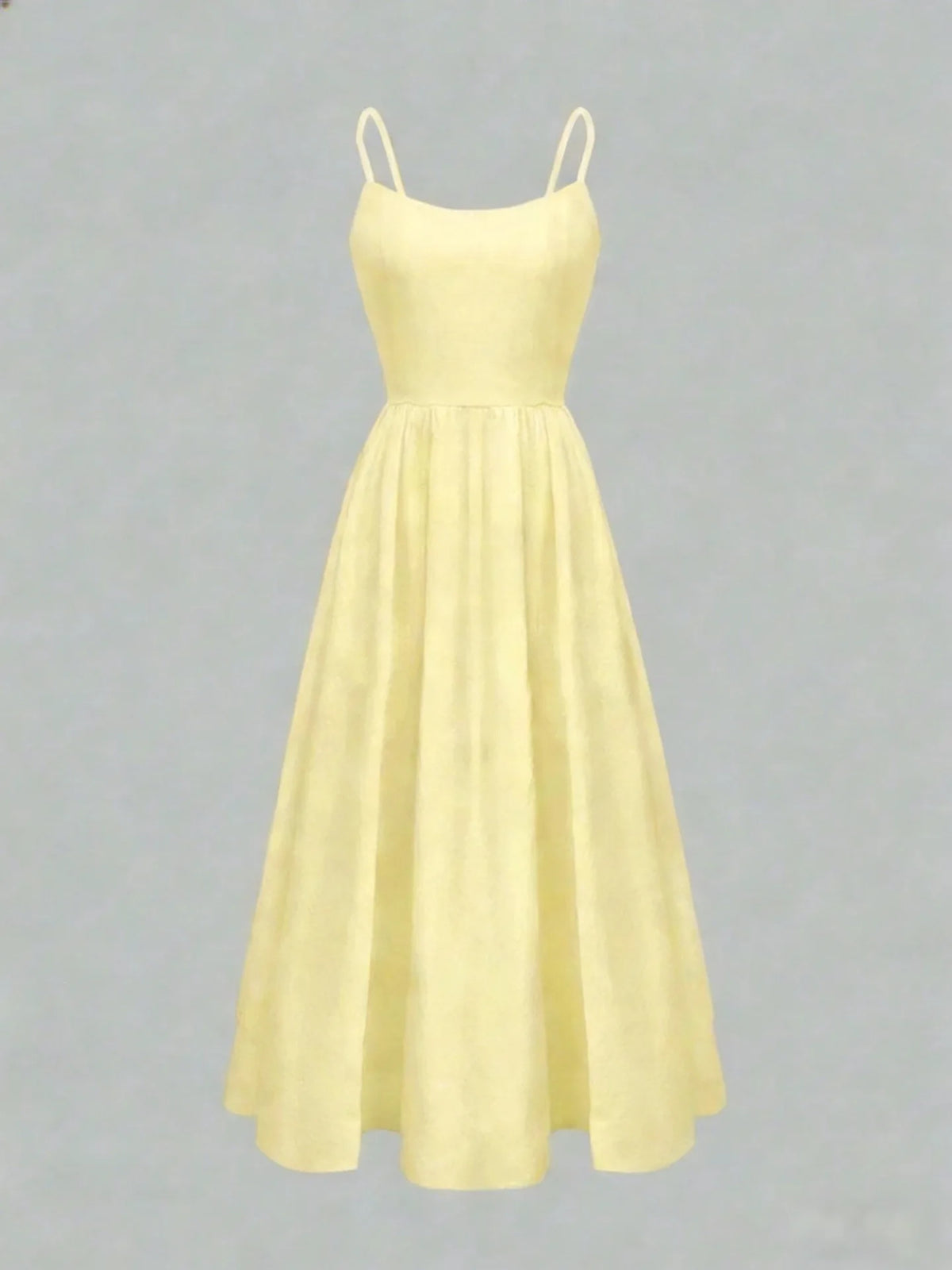 French Solid Spaghetti Strap U-Neck Gathered Waist Swing Midi Dress, High Waist Hip-Cover Slimming Vacation Cami Dress
